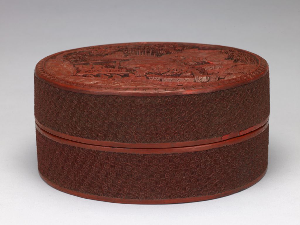 图片[2]-A flat round box with a flowing wine cup drawing of a character in a carved red landscape-China Archive